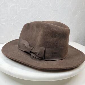 Indiana Jones Brand Wool Hat Mens Small Brown Stylish Bow Ribbon Band 12" Fedora